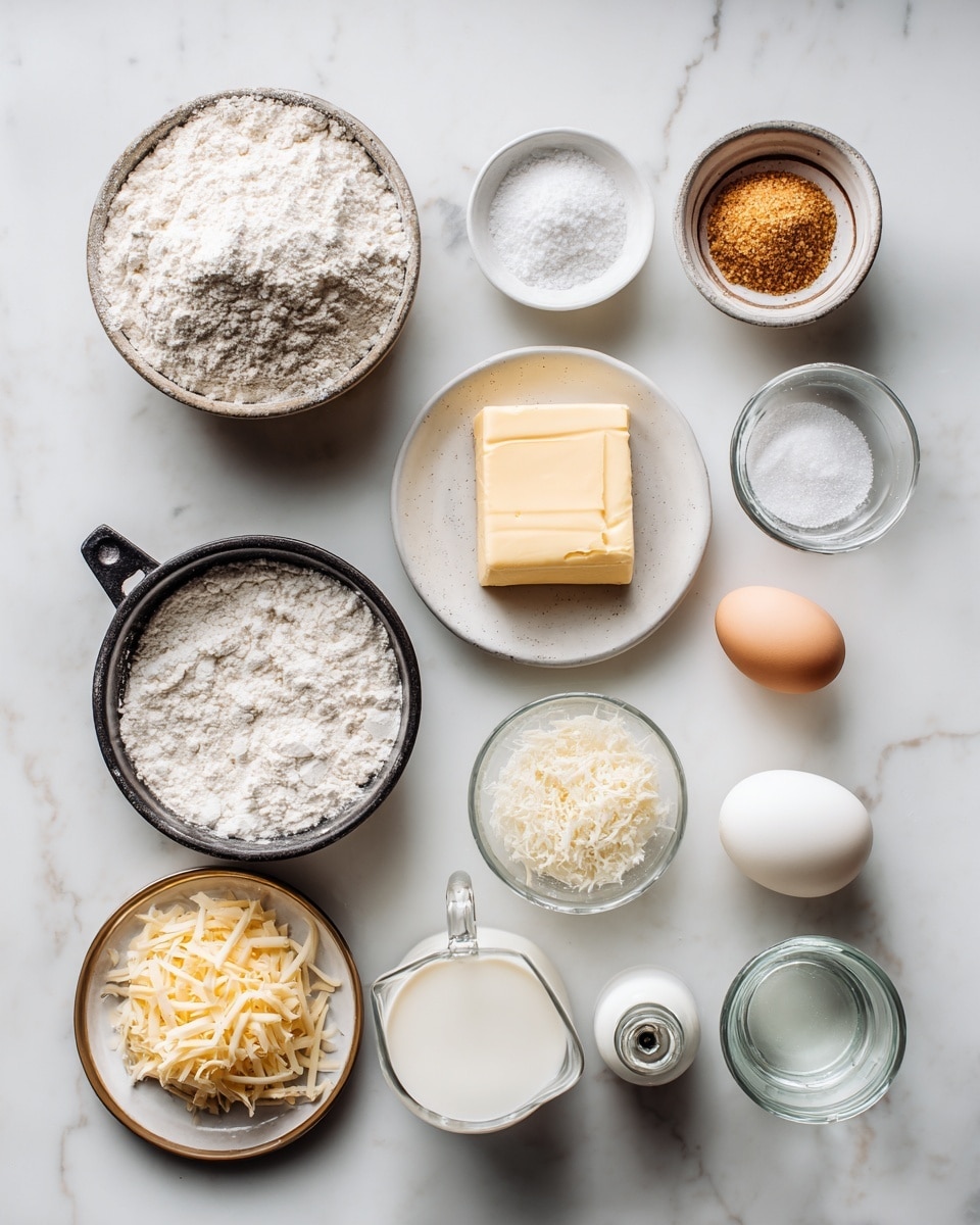 Top-down professional food photography flat lay style, bright white marble countertop, neatly arranged, evenly spaced, tidy, clean organized layout, include: bowl of all-purpose flour, small bowl of light brown sugar, small bowl of kosher salt, small bowl of coarse sea salt, small bowl of active dry yeast, small glass cup of warm water, small plate with unsalted butter, small plate with beaten whole egg mixed with cold water, medium saucepan with melted butter, small bowl of baking soda, glass measuring cup of milk, bowl of grated Cheddar cheese, small bottle of vegetable oil, no finished dish, no cooked food, no hands, no text, no watermark, no brand logos, bright soft natural lighting, sharp focus, high detail textures, realistic reflections, professional DSLR look, 4K --ar 4:5 --v 7