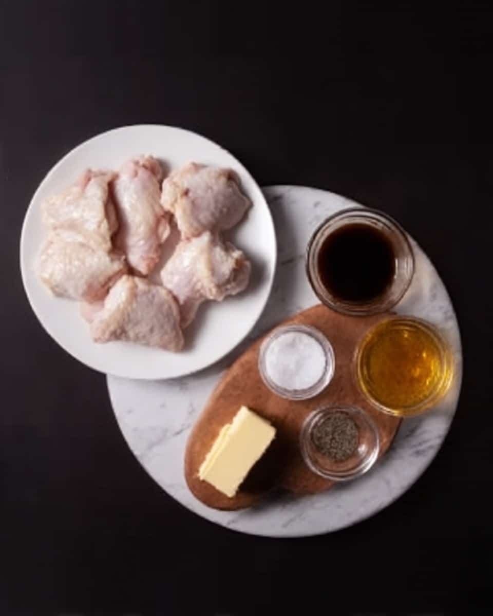 The image shows a white plate with several raw chicken pieces placed in a circle. Next to the plate is a wooden tray holding small glass containers, each filled with different ingredients: a white powder (likely salt), a small amount of black pepper, two pieces of butter, a dark liquid (likely soy sauce), and an amber-colored liquid (probably oil or honey). Everything is arranged neatly on a white marbled surface. Photo taken with an iphone --ar 4:5 --v 7