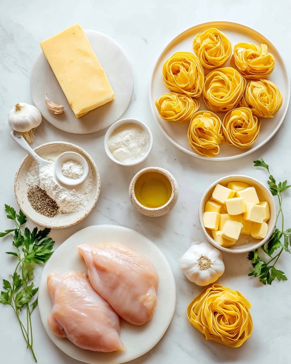 The image shows ingredients arranged on a white marbled surface. On the right, there is a white plate filled with seven nest-shaped yellow pasta bundles, and one more pasta nest sits nearby on the surface. Below this, a white bowl holds two raw, light pink chicken breasts. To the left side, a block of yellow cheese sits on a small round marble plate, and below it, a small white bowl contains yellow butter cubes. Above the cheese, a white round plate holds three garlic cloves, two white ceramic spoons with white flour and a beige powder, and a small spoon with black pepper. A small rustic cup with golden olive oil is placed between the pasta and chicken. Fresh green parsley sprigs are scattered around the items. Photo taken with an iphone --ar 4:5 --v 7