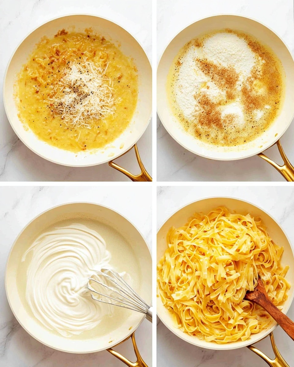 The image shows a sequence of four steps making a pasta dish in a white pan with a gold handle on a white marbled surface. The first step has a yellow sauce with some browned bits and a small pile of finely grated cheese in the center. The second step shows the yellow sauce with pepper sprinkled on top, and white cream being poured on one side, creating a swirled look. The third step features the sauce now thick and pale, with a whisk mixing in a large amount of grated cheese making the sauce creamy. The final step shows long, flat, yellow noodles placed on top of the light creamy sauce, with a wooden spoon on the side. Photo taken with an iphone --ar 4:5 --v 7