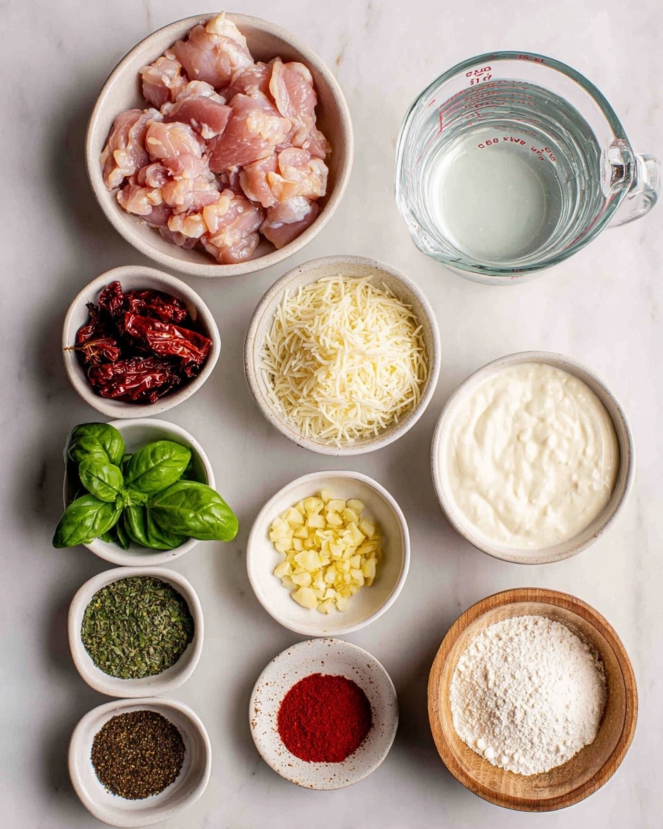 The image shows several small white bowls arranged in rows on a white marbled surface. The top row has a large bowl with raw pink chicken pieces on the left and a clear glass measuring cup filled with water on the right. The second row includes a bowl with dark red sun-dried tomatoes on the left, a bowl filled with finely shredded white cheese in the middle, and a bowl with smooth white sauce or cream on the right. The third row has bright green fresh basil leaves on the left, a bowl with small chopped yellow garlic pieces in the center, and a bowl of white flour on the right. The bottom row features four small bowls: green dried herbs on the left, red paprika powder next to it, dark brown ground spices in the middle, and coarse white salt in a small wooden bowl on the far right. Photo taken with an iphone --ar 4:5 --v 7