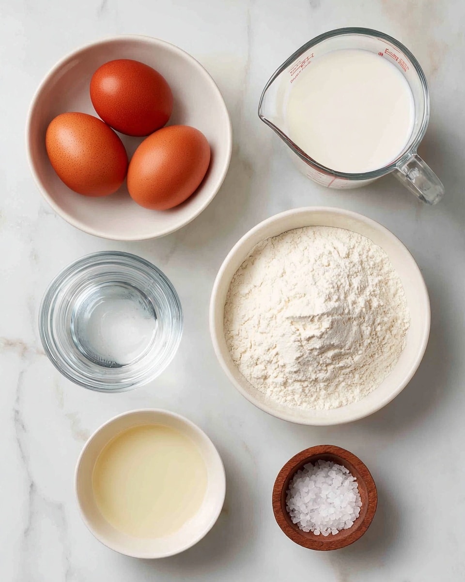 The image shows six separate white bowls and containers arranged neatly on a white marbled surface. Starting from the top left, there is a white bowl with three brown eggs, each smooth and oval-shaped. To the right of the eggs is a clear glass measuring cup filled with white milk. Below the eggs, a small glass bowl contains clear water. At the center right, a white bowl holds a heap of white flour with a powdery and slightly clumpy texture. Below the water, a small white bowl contains a pale yellow liquid, likely oil or vinegar. Lastly, at the bottom right, a small wooden bowl holds coarse white salt crystals. The scene is simple and clean, with each bowl or container clearly visible. Photo taken with an iphone --ar 4:5 --v 7
