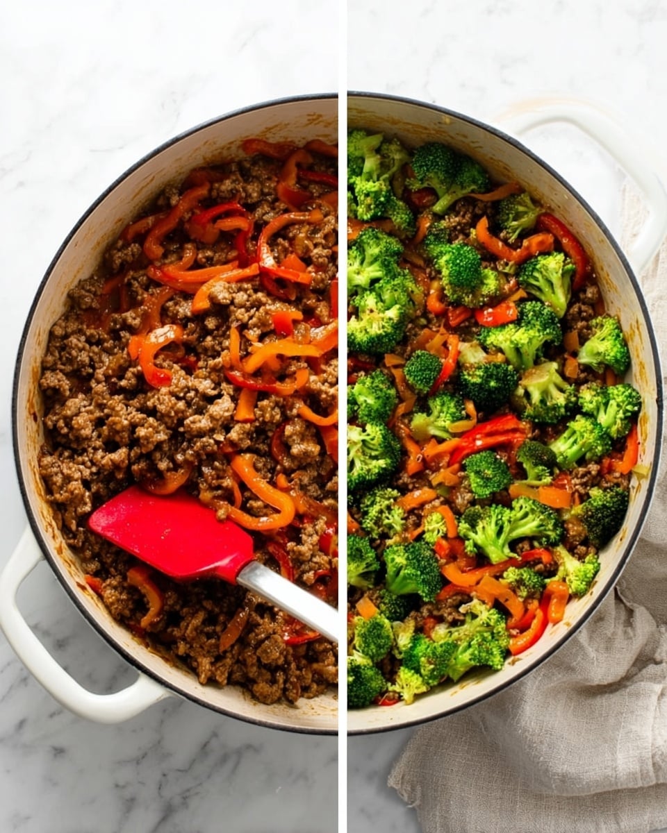The image shows two side-by-side views of a white pot filled with a cooked dish. On the left side, the pot contains brown minced meat mixed with orange-red bell pepper slices, with a red and white spatula stirring the mixture. On the right side, the pot now has added bright green broccoli florets along with the browned minced meat and orange bell pepper slices, giving it a more colorful and fresh appearance. The pot sits on a white marbled surface with a light cloth nearby, and a silver spoon rests inside the pot. photo taken with an iphone --ar 4:5 --v 7