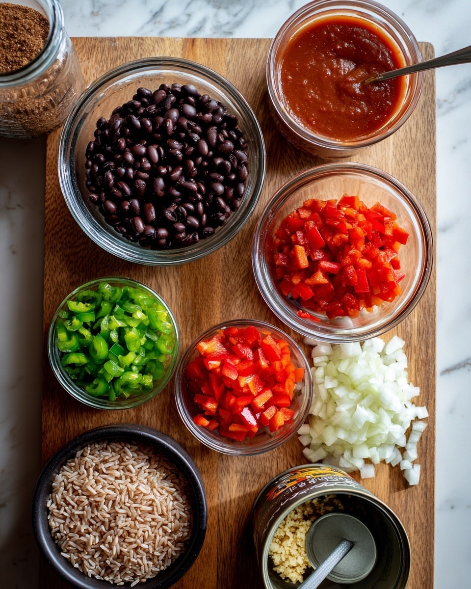 A wooden board holds an organized mix of ingredients including a clear glass jar filled with brown taco seasoning on the left side. Above it, a round glass bowl contains shiny black beans. Next to the beans are two round glass bowls, one with red tomato sauce and the other, slightly out of focus, containing a reddish liquid. In the center, there's a layer of diced red bell peppers, beneath them chopped green bell peppers, and below those, a generous layer of white diced onions. On the bottom right corner, an opened can with green chile pieces has a metal spoon inside it. On the left front edge, a black round cup holds uncooked brown rice and a small clear bowl contains minced garlic. All items are placed on a wooden board set against a white marbled texture background. photo taken with an iphone --ar 4:5 --v 7