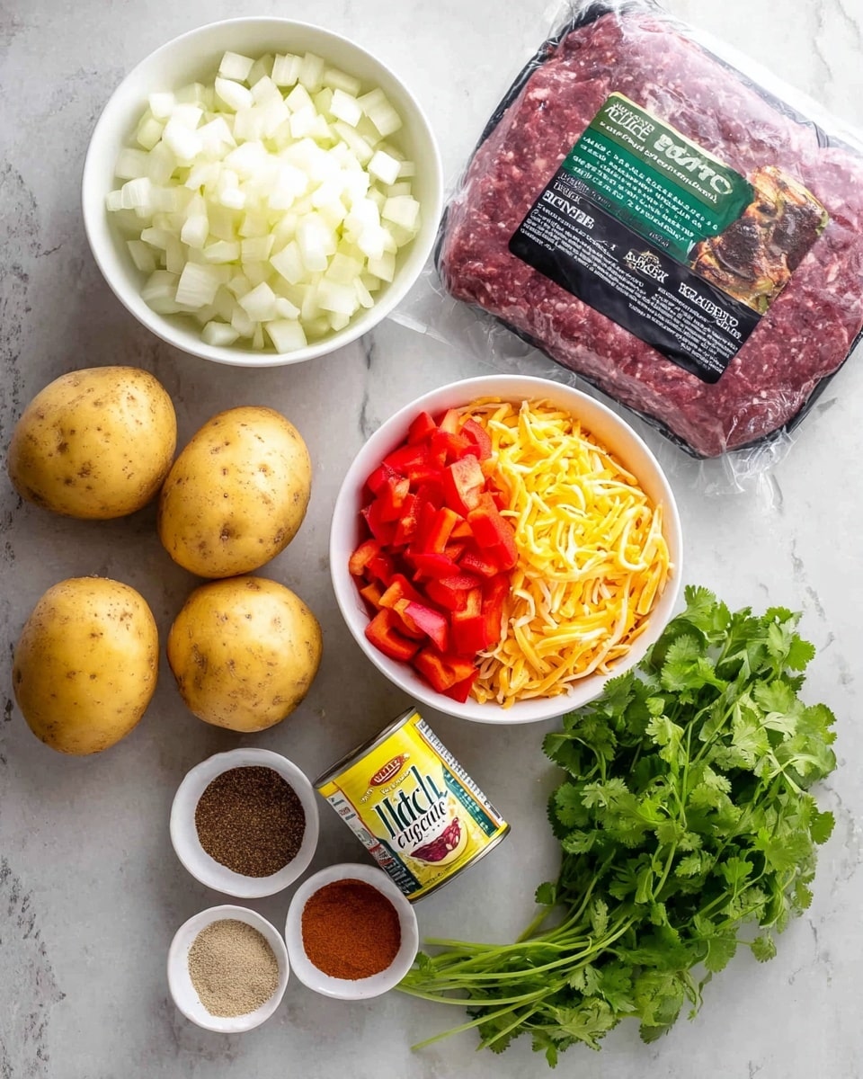 A collection of cooking ingredients arranged neatly on a white marbled surface includes three medium yellow potatoes placed at the bottom left, a white bowl at the top left filled with diced white onions and chopped red bell peppers side by side, and a white bowl at the middle right full of shredded yellow and white cheese. In the center top is a sealed package of dark red organic ground beef with a green label, and below it is a yellow can of diced green chiles labeled