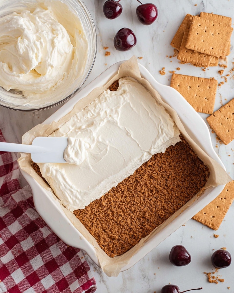 The image shows a white square baking dish lined with parchment paper. Inside, there are two visible layers: the bottom layer is a thick, crumbly brown crust that fills the dish evenly, while the top layer is a thick, fluffy white cream being spread over half of the crust with a white spatula. To the upper left of the dish, there is a clear bowl filled with more white cream. The background is a white marbled surface with a red and white checkered cloth partially under the baking dish. Scattered around are some whole and broken graham crackers and a few fresh dark red cherries. Photo taken with an iphone --ar 4:5 --v 7