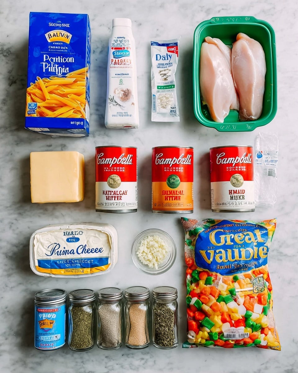 A flat lay of various cooking ingredients arranged neatly on a white marbled surface: a blue box of Barilla penne pasta at the top left, a white tube of Daisy sour cream next to it, and a green-packaged tray of raw organic chicken breasts to the right. Below these are two red and white cans of Campbell's cream of chicken soup, a colorful bag of Great Value mixed vegetables on the right, and a small bowl of minced garlic in the center. At the bottom left is a silver package of Philadelphia cream cheese, next to a block of Tillamook medium cheddar cheese. Along the bottom row are five glass spice jars labeled black pepper, Italian seasoning, paprika, onion powder, and thyme leaves. To the left of the cheese is a blue can of Swanson chicken broth. The image is bright and clear, photo taken with an iphone --ar 4:5 --v 7
