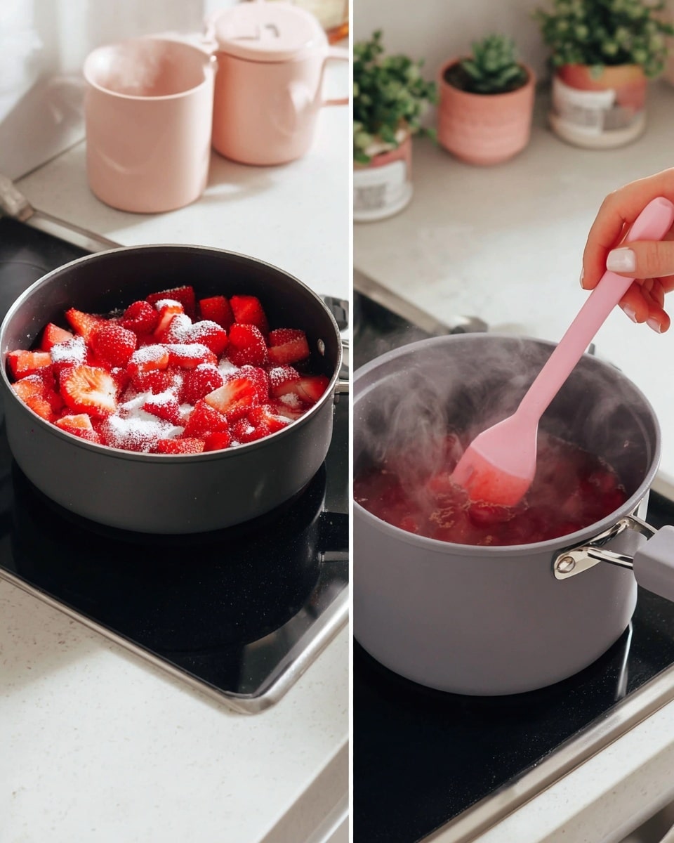 The left side shows a black saucepan filled with chopped red strawberries topped with white sugar, placed on a white marbled countertop. In the background, there are pastel pink mugs and small potted plants. On the right side, a gray saucepan sits on a black stovetop with red strawberry sauce simmering inside, being stirred by a woman's hand holding a pink spatula; steam rises from the pot. photo taken with an iphone --ar 4:5 --v 7