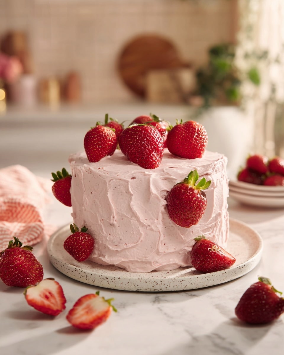 A small round cake covered in thick, light pink frosting with a textured, creamy surface is placed on a white speckled plate. Fresh whole red strawberries with green leaves are pushed into the sides of the frosting, and four whole strawberries are placed on top of the cake evenly spaced. Around the plate, whole and halved strawberries lay scattered on a white marbled surface. The background shows a soft, blurred kitchen setting with warm light. Photo taken with an iphone --ar 4:5 --v 7