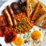 Full English Breakfast Recipe with Sausages, Eggs, Tomatoes, Mushrooms, Toast, and Baked Beans Recipe
