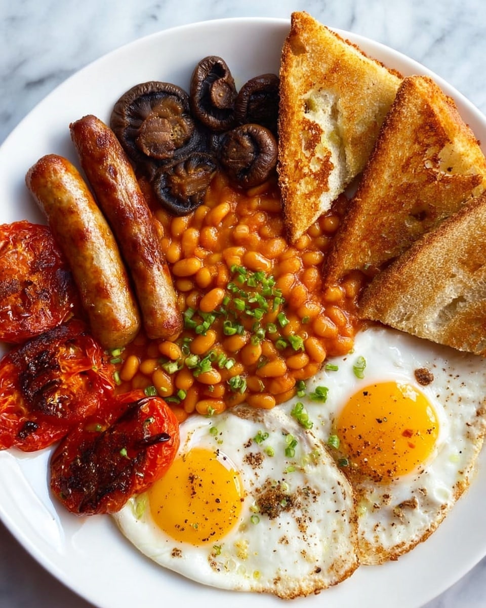 Full English Breakfast Recipe with Sausages, Eggs, Tomatoes, Mushrooms, Toast, and Baked Beans Recipe