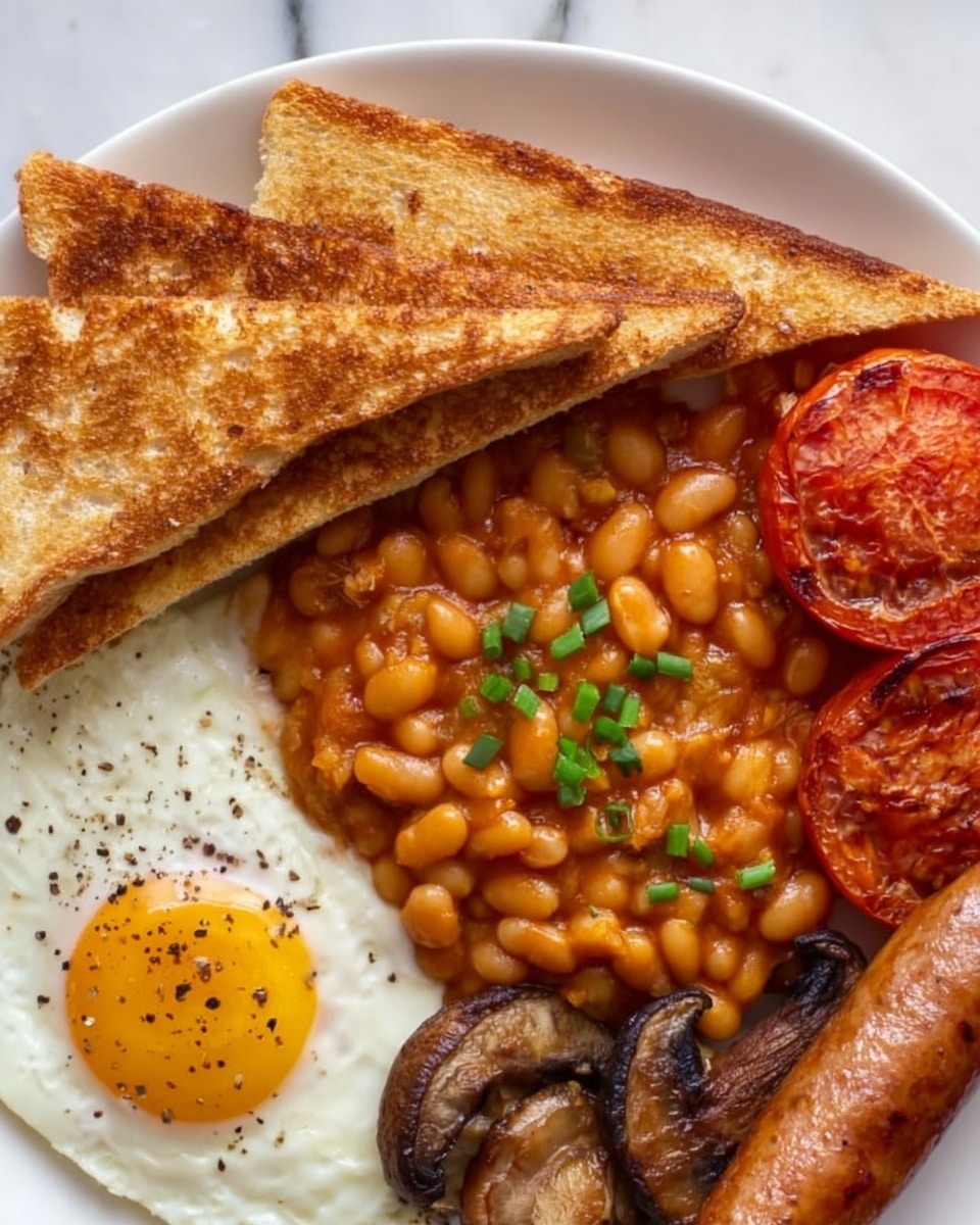 A white plate shows a full breakfast with several layers of food. At the bottom left, there is a fried egg with a bright yellow yolk and white edges sprinkled with black pepper. Above the egg, there are three pieces of golden brown toasted bread stacked in a triangle shape. In the center, there is a heap of baked beans in a thick orange sauce topped with small green chive pieces. To the right of the beans, two grilled tomato halves with a slightly charred red exterior are placed. Below the tomatoes, there are some grilled mushrooms with a browned surface. At the bottom right, a lightly browned sausage rests parallel to the plate’s edge. The whole plate sits on a white marbled surface. photo taken with an iphone --ar 4:5 --v 7