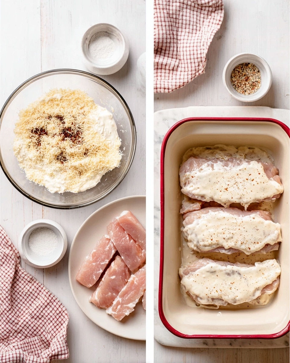 The image has two sections side by side on a white marbled surface. On the left, there is a clear bowl filled with a mix of a creamy white sauce topped with finely grated pale yellow cheese and a sprinkle of black and beige spices, surrounded by small white bowls, a white cloth with red checks, and a white plate with raw pale pink meat pieces on the edge. On the right, a white rectangular baking dish with red rim holds three layers of pale pink meat, each covered with a thick, creamy white sauce spread unevenly over the top. Photo taken with an iphone --ar 4:5 --v 7