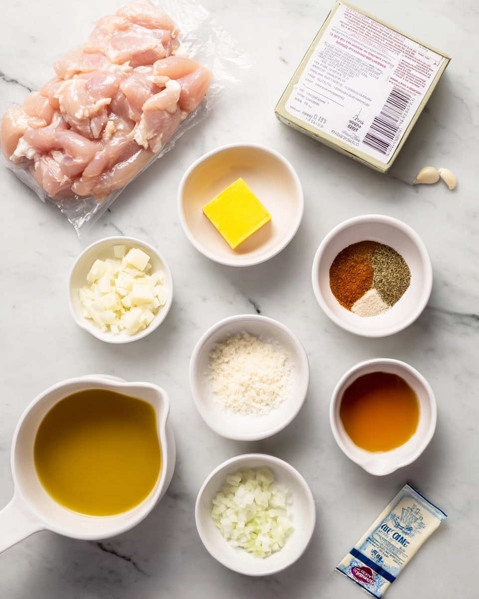 The image shows several small white bowls and a white measuring cup arranged on a white marbled surface. There is a package of raw chicken at the top left with pale pink meat visible. In the small bowls, there is minced garlic, a yellow square of butter, ground spices, and finely chopped white onions. The white measuring cup contains a golden yellow liquid, and next to it is a container with light brown liquid. There is also a small packet of cream cheese near the bottom right. The arrangement is neat, with each ingredient clearly visible. Photo taken with an iphone --ar 4:5 --v 7