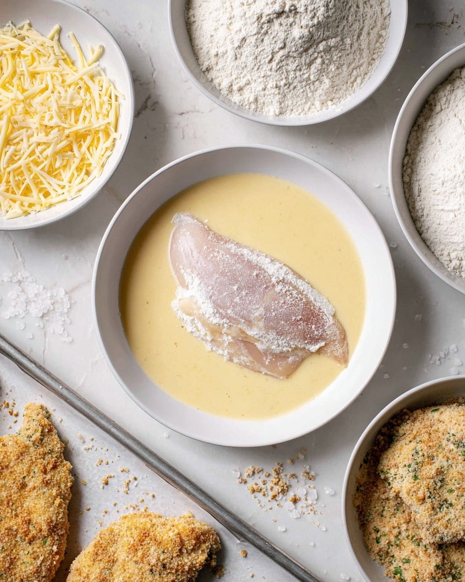 A white shallow bowl filled with a smooth light yellow egg mixture sits in the center with a thin raw chicken piece covered lightly in light flour and submerged halfway. Around it, four white dishes hold different ingredients: the top left has shredded pale yellow cheese, the top right a mound of white flour with some grooves, the bottom right has a raw chicken piece being coated in coarse, light brown bread crumbs with green herbs, and the bottom left shows two already breaded chicken pieces on a metal tray lined with white paper. The background is a clean white marbled surface, with small scattered crumbs and salt crystals. photo taken with an iphone --ar 4:5 --v 7