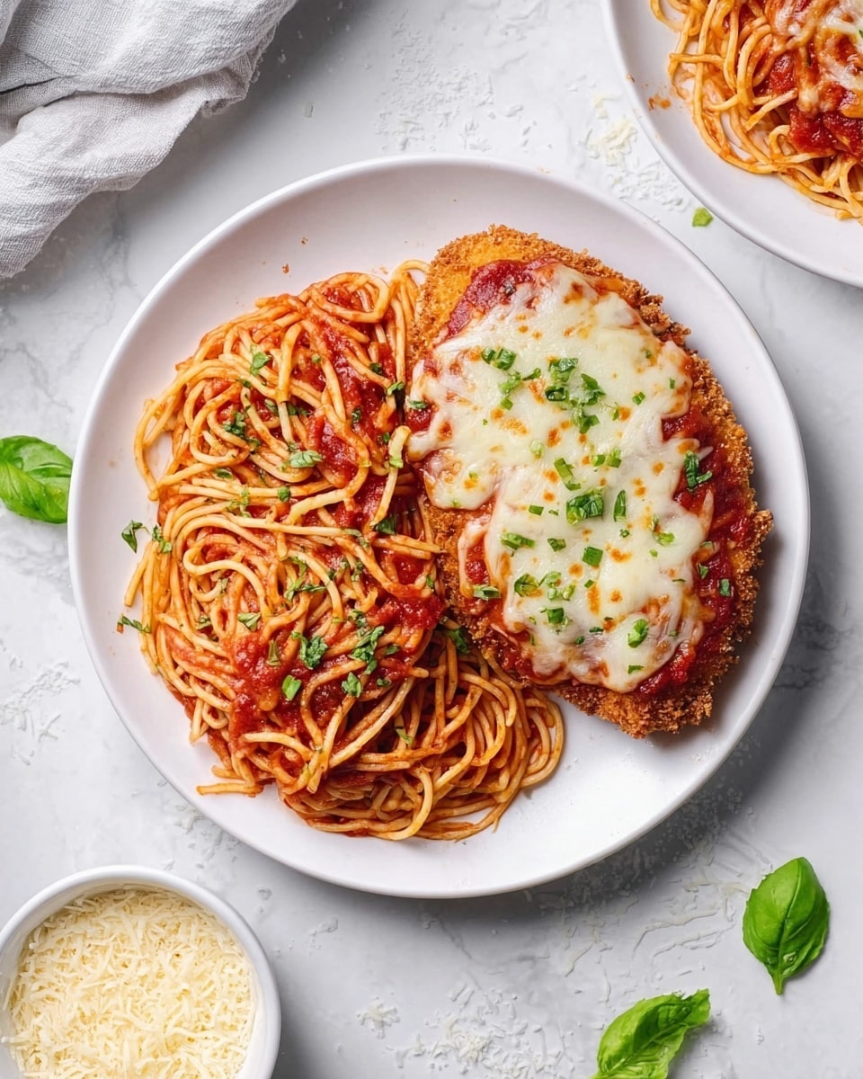 A white round plate holds a serving of spaghetti and chicken parmigiana on a white marbled surface. On the left side, there is a nest of spaghetti covered evenly with a red tomato sauce, sprinkled lightly with chopped green herbs. On the right side, there is a single piece of chicken parmigiana made of three layers: a crispy golden-brown breaded chicken base, topped with a rich red tomato sauce, and finished with a thick, melted layer of white cheese that has hints of light golden browning and some green herbs scattered on top. Around the plate are small green basil leaves and specks of grated cheese. Nearby, a small white bowl filled with finely grated cheese is visible. photo taken with an iphone --ar 4:5 --v 7