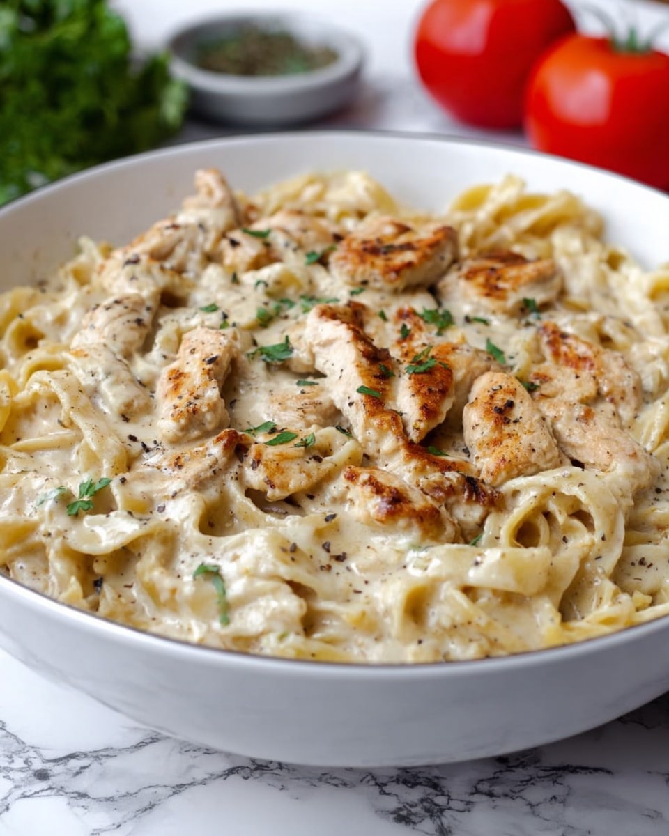 A large white bowl filled with creamy chicken Alfredo pasta, showing multiple layers of wide, flat pasta noodles mixed with grilled chicken strips coated in a white cream sauce with visible flecks of black pepper and small green parsley bits scattered on top. The chicken pieces are light brown with slight char marks, blending into the rich, thick sauce that covers the noodles fully. In the background, two whole red tomatoes and a small container with herbs can be seen on a white marbled surface. Photo taken with an iphone --ar 4:5 --v 7