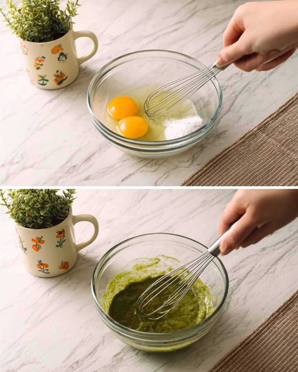 The image set shows two steps of mixing ingredients in a clear glass bowl placed on a white marbled surface. In the first image, there are two egg yolks and a pile of white sugar in the bowl. The background includes a cream-colored mug with small orange floral patterns and a small green plant in a white pot. In the second image, a woman's hand holds a whisk stirring a thick green mixture in the bowl, while the other woman's hand steadies the bowl. The same mug and plant are visible in the background. Photo taken with an iphone --ar 4:5 --v 7