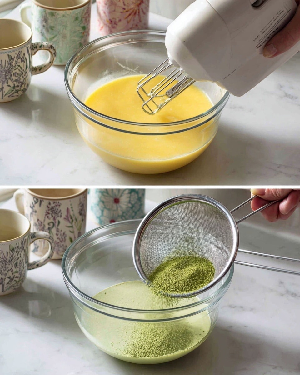 The image shows two side-by-side scenes of baking preparation on a white marbled surface. On the left, a clear glass bowl holds a yellow liquid mixture with a smooth texture being mixed by a woman's hand holding a white electric mixer, with the metal beaters partially submerged in the mixture. The background has ceramic mugs with different colors and patterns. On the right, a fine metal sieve is held by a woman's hand above the same glass bowl, green powder falling through the sieve into the yellow liquid below, creating a layered green and yellow effect inside the bowl. The background remains consistent with ceramic mugs and a white marbled surface. photo taken with an iphone --ar 4:5 --v 7