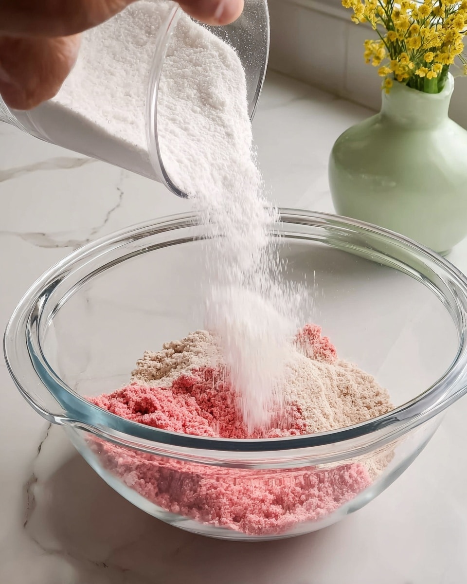A clear glass mixing bowl contains three separate layers of dry ingredients on a white marbled surface. The bottom layer is a reddish crumbly powder unevenly spread to the right, next to a soft beige flour layer on the left side, both filling part of the bowl's base. A stream of white granulated sugar is falling in the middle, forming a new layer that partially covers the reddish and beige powders. A woman's hand is visible at the top left, guiding sugar into the bowl. The background shows a white appliance and some yellow flowers. Photo taken with an iphone --ar 4:5 --v 7