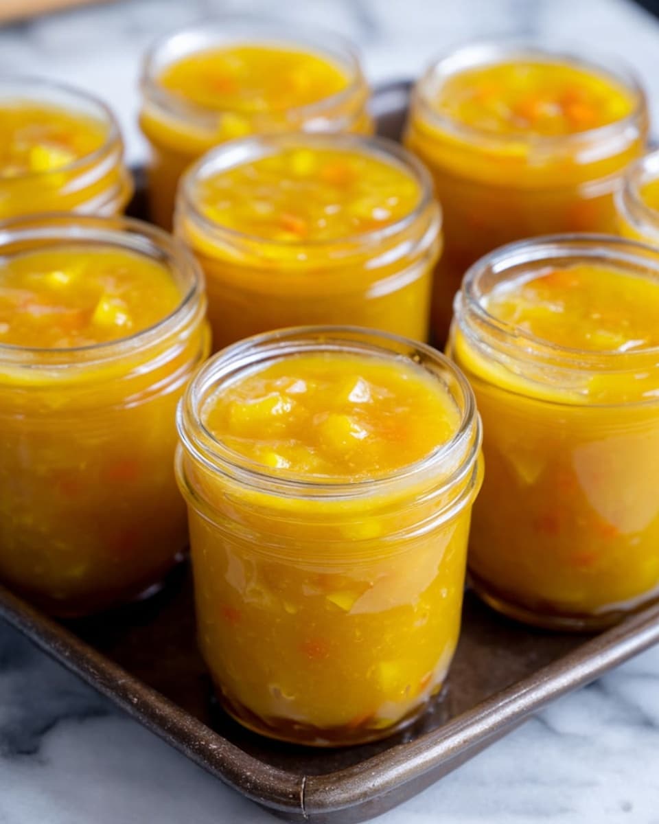 The image shows several small glass jars filled with a thick yellow-orange mixture that looks like fruit preserves or chutney. Each jar is filled to the top with a smooth, shiny layer that has small pieces of fruit or vegetables in yellow and orange colors mixed inside. The jars are placed close together on a dark metal tray on a white marbled surface. The texture inside the jars appears slightly chunky but mostly smooth, with some small bits dispersed throughout the thick liquid. Photo taken with an iphone --ar 4:5 --v 7