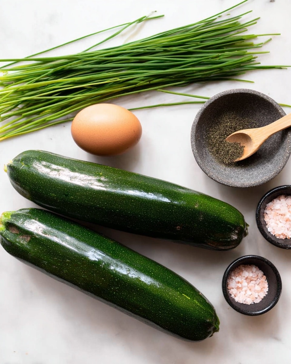 The image shows two shiny dark green zucchinis placed side by side on a white marbled surface. Above them, there is a bunch of fresh bright green chives laid horizontally. To the top right, there is one brown egg, a small gray stone bowl filled with ground black pepper and a small wooden spoon inside it, and next to it, a small black stone bowl with pink salt. The arrangement is neat and the colors contrast well against the white marbled background, creating a fresh and natural look photo taken with an iphone --ar 4:5 --v 7