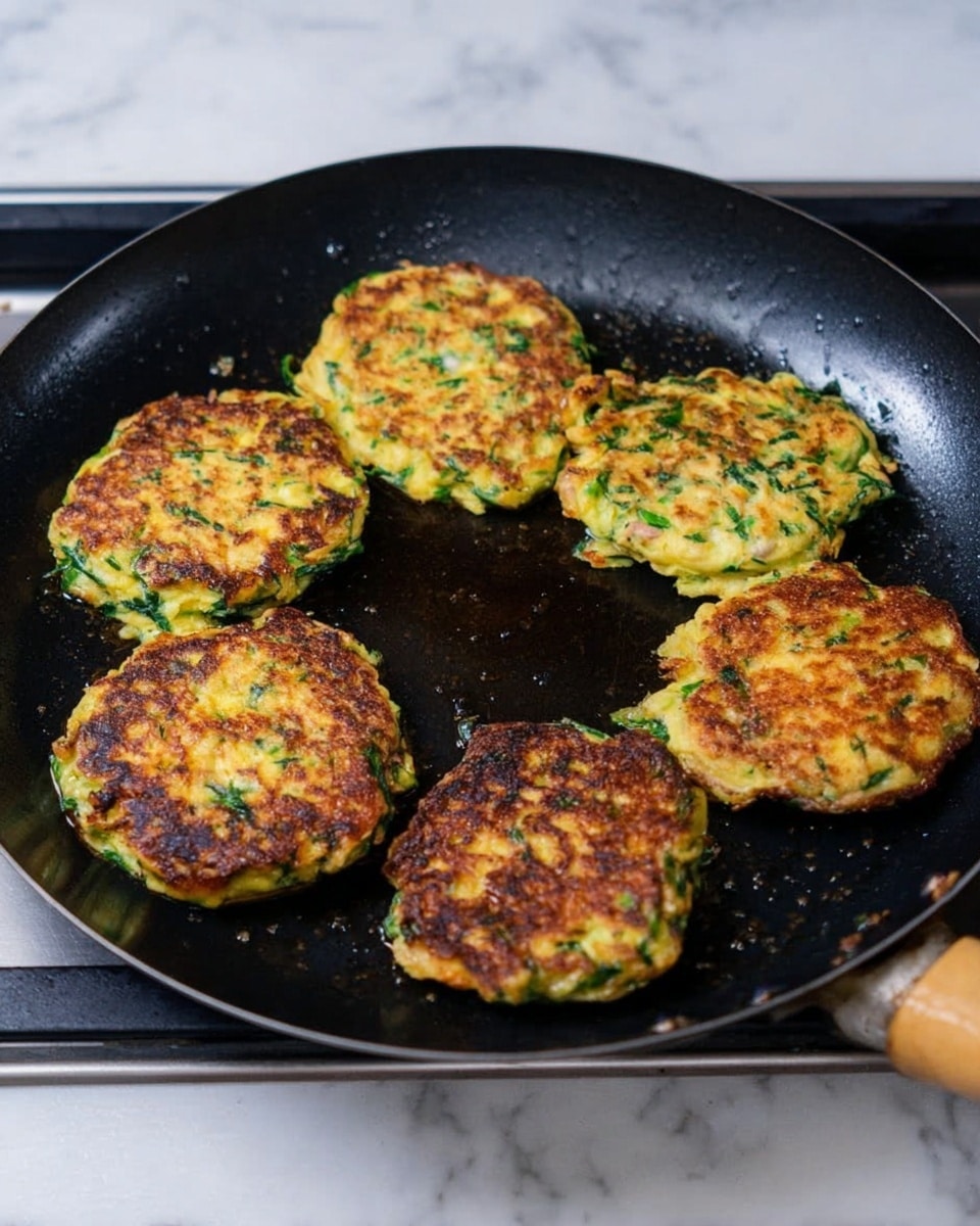 A black round pan on a stove holds six golden-brown patties with green bits visible throughout, suggesting herbs or vegetables mixed in. The patties are somewhat irregular in shape with slightly crispy edges and vary in browning intensity, giving a homemade feel. The pan has a shiny surface with slight oil reflections, and the pan handle extends to the right with a wooden grip. The background is a white marbled texture. photo taken with an iphone --ar 4:5 --v 7