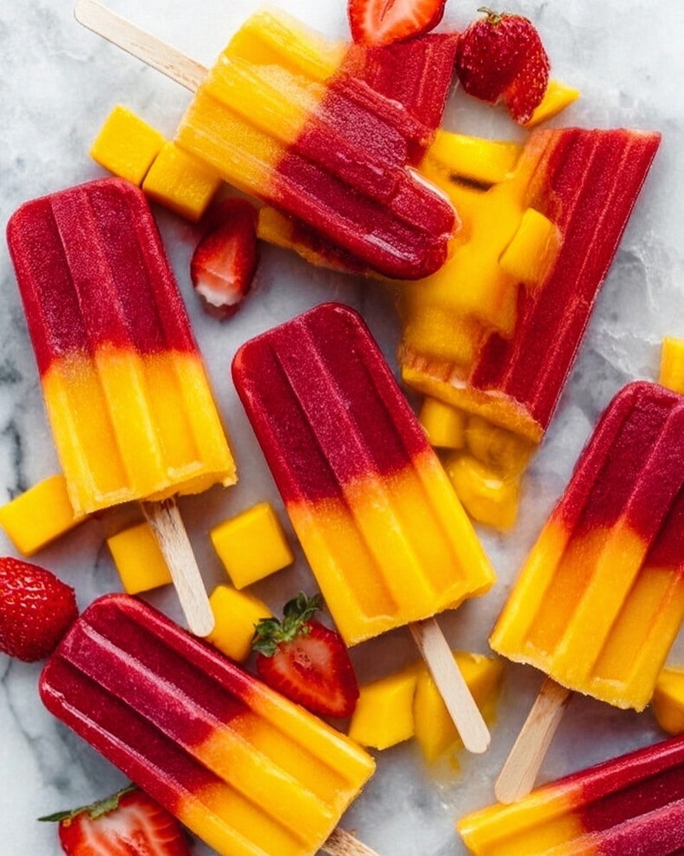 The image shows several colorful popsicles arranged on a white marbled surface with pieces of mango and strawberries around them. Each popsicle has three layers: a deep red layer at the top with a smooth texture, a bright orange middle layer, and another deep red layer at the bottom. The layers blend softly where they meet. The popsicles have wooden sticks at the bottom and are placed in different directions, some overlapping. Small pieces of fresh mango cubes and halved strawberries add extra color and freshness to the scene. Photo taken with an iphone --ar 4:5 --v 7