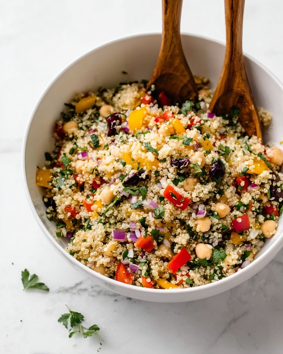 A white bowl on a white marbled surface holds a colorful grain salad. The base layer is a light beige quinoa mixed evenly throughout. Scattered on top are small pieces of red and yellow bell peppers, dark purple dried fruit, beige chickpeas, finely chopped green herbs, and purple onion bits, adding bursts of color and texture. Two wooden utensils rest inside the bowl, standing upright into the salad. A few green herb leaves are scattered casually on the marble near the bowl. photo taken with an iphone --ar 4:5 --v 7