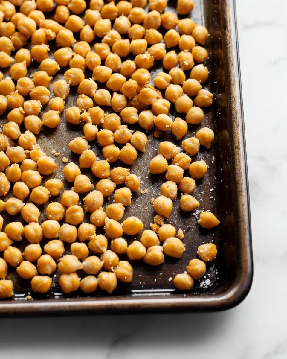 The image shows a close-up of one layer of small, round chickpeas spread evenly across a large, dark metal baking tray. The chickpeas are a light golden-brown color with a slightly rough texture, and a few small bits of salt or seasoning are visible on both the tray and chickpeas. The tray is placed on a white marbled surface, and the right edge of the tray is visible with a slight curve. The lighting highlights the warm color of the chickpeas and creates soft shadows around them. photo taken with an iphone --ar 4:5 --v 7