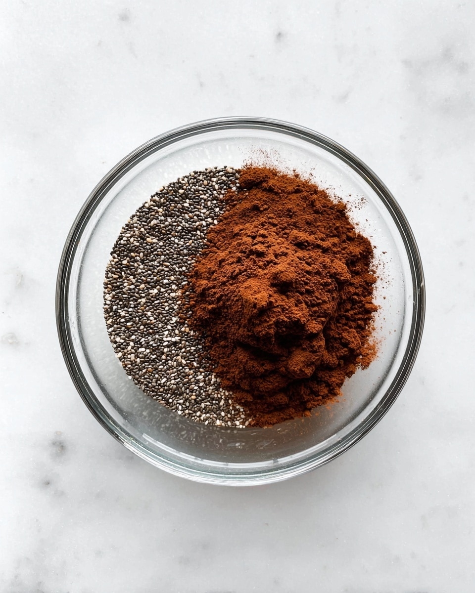 A clear glass bowl sits on a white marbled surface, containing two layers of dry ingredients side by side. The left layer is made up of small, black and white chia seeds, textured with a grainy look. The right layer is a pile of fine, dark brown cocoa powder with a soft, dusty texture, slightly heaped in the center. The bowl and ingredients are viewed from above with soft, even lighting. photo taken with an iphone --ar 4:5 --v 7