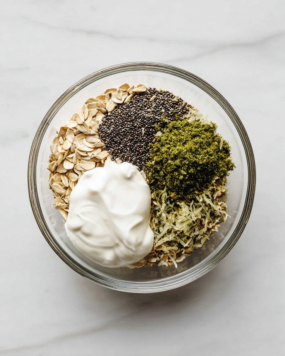 A clear glass bowl sits on a white marbled surface, containing four distinct layers of ingredients arranged side by side. The first layer is light beige rolled oats with a dry, rough texture. Next to it is a pile of black chia seeds, small and shiny, forming a dense patch. Adjacent to the seeds is a small amount of bright green powder, finely ground, while on top of the oats and chia seeds there are small shreds of fresh green zest. Finally, a dollop of thick, creamy white yogurt rests on the oats, appearing soft and smooth. photo taken with an iphone --ar 4:5 --v 7
