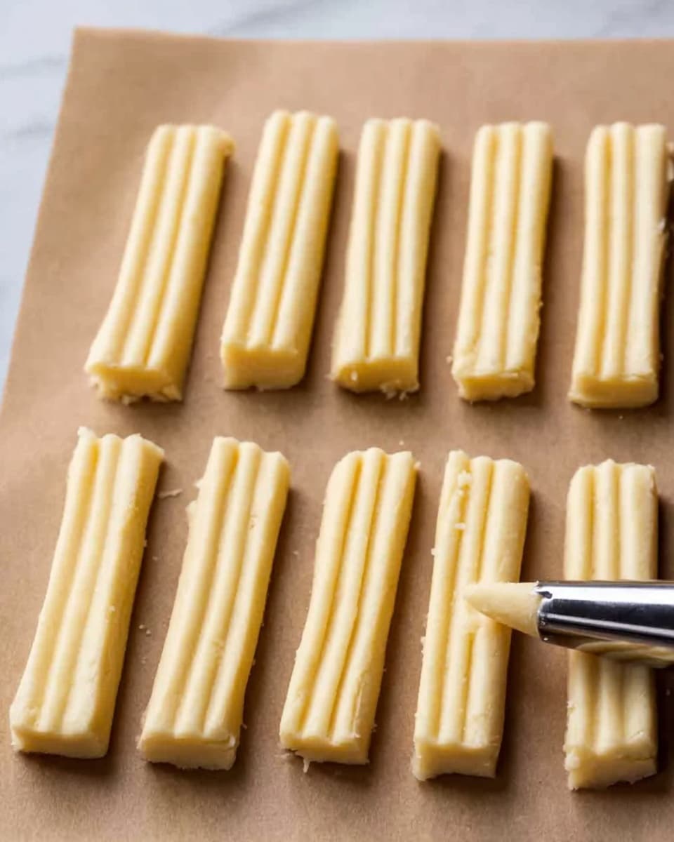 The image shows rows of pale yellow raw cookie dough pieces with ridged shapes, arranged neatly on a light brown baking sheet. Each dough piece is long and rectangular with vertical grooves, and a metal icing nozzle is placed near the upper right corner, squeezing out dough. The background is a white marbled texture. photo taken with an iphone --ar 4:5 --v 7