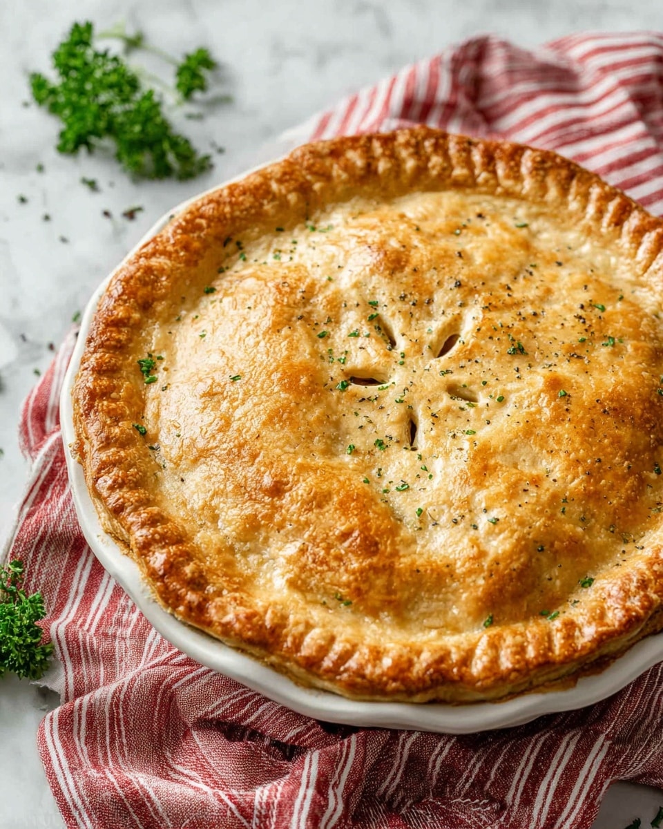 A golden brown pie with a flaky crust that has a crimped edge all around, sitting in a white ceramic pie dish. The top crust is smooth with small vent cuts arranged in a flower pattern near the center, sprinkled lightly with small green herb pieces and black pepper. The pie dish is placed on a red and white striped cloth on a white marbled surface with some fresh green parsley off to the side. Photo taken with an iphone --ar 4:5 --v 7