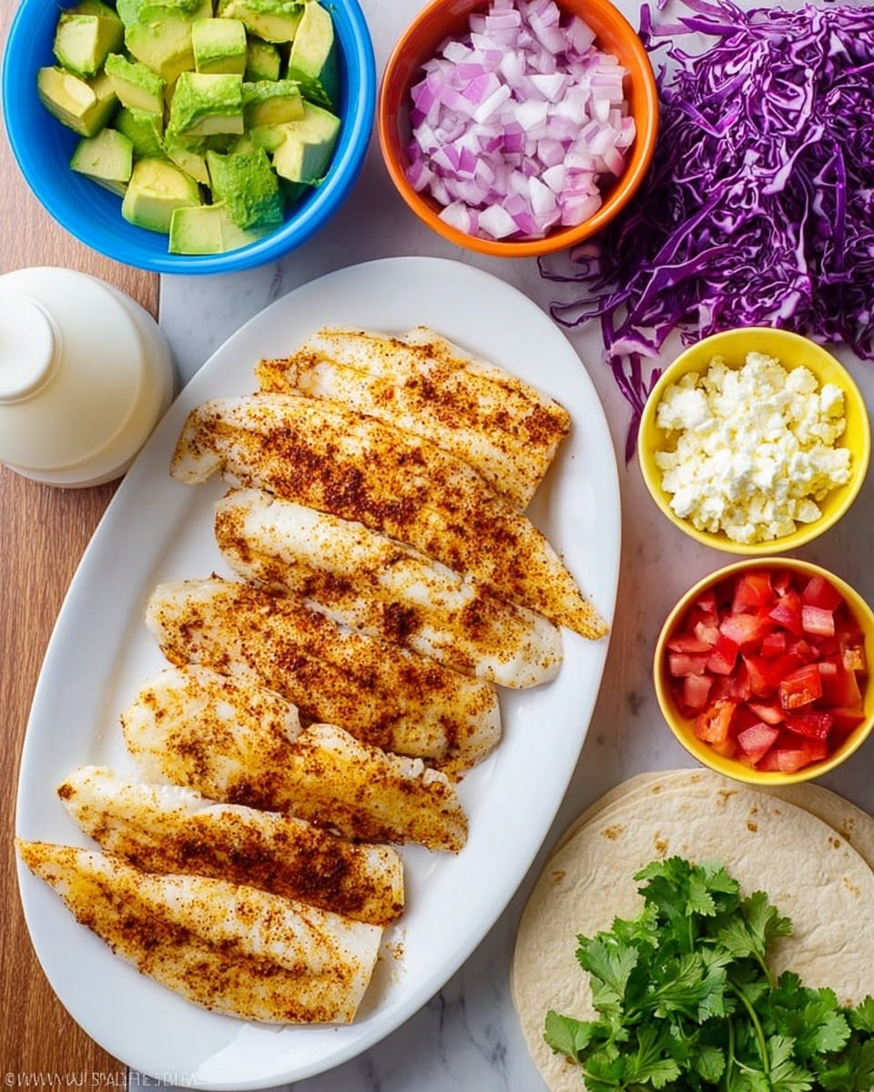 The image shows a white oval plate filled with six cooked, golden brown fish fillets seasoned with spices, placed on a white marbled surface. Around the plate are several small white bowls and a few ingredients: a blue bowl filled with sliced green avocado pieces at the top left, a small orange bowl containing white crumbly cheese close to the fish, a yellow bowl with chopped red onions on the right, a small white bowl with diced red tomatoes at the bottom right, and a stack of light-colored soft tortillas on the right side next to fresh green cilantro leaves. Shredded purple cabbage is spread out behind the bowls, and a white squeeze bottle is positioned to the left side of the image. Photo taken with an iphone --ar 4:5 --v 7