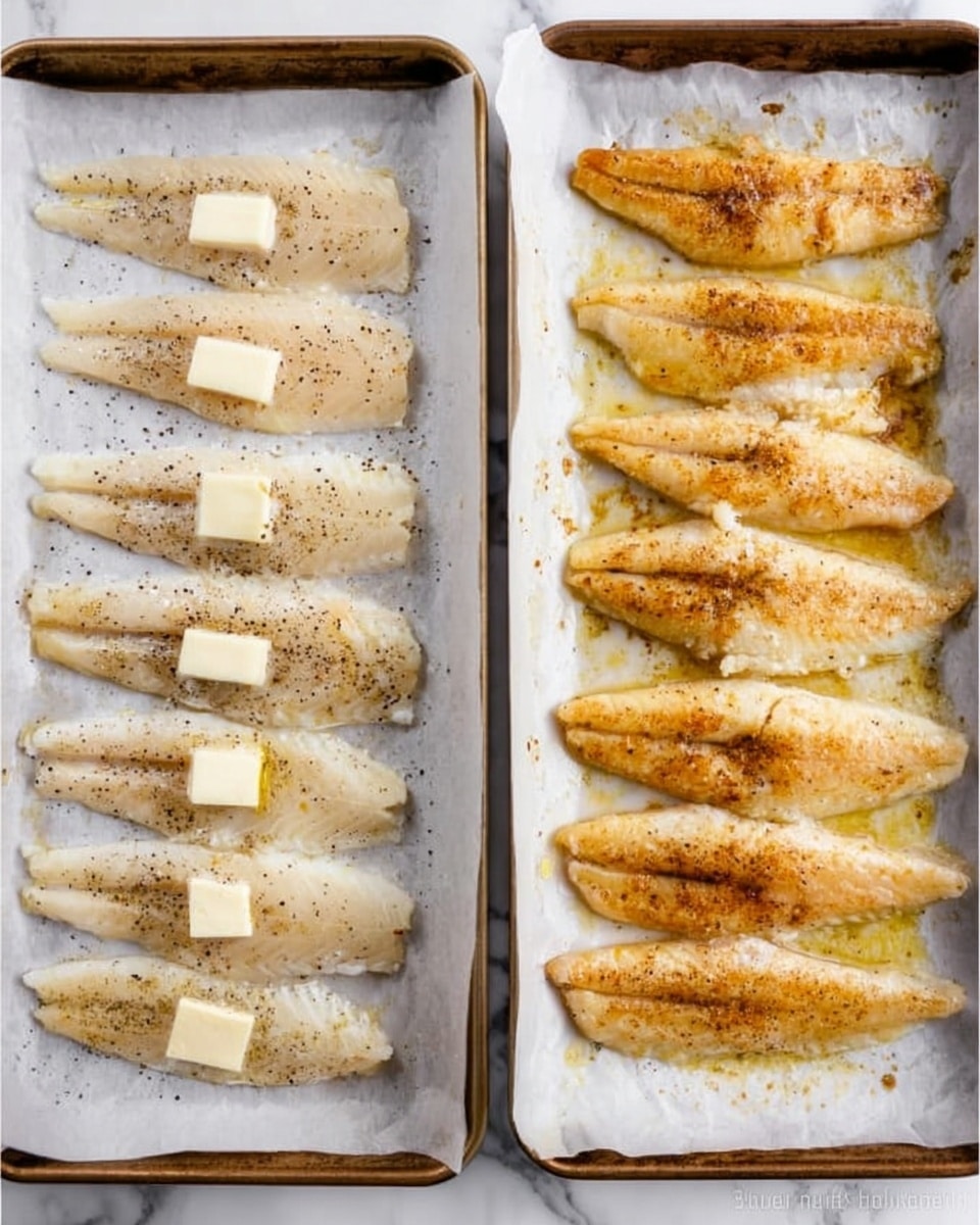The image shows two baking trays on a white marbled surface. The left tray has seven raw fish fillets arranged in two vertical rows, each topped with a small white rectangular piece of butter. The fillets are light beige with a slightly translucent texture, sprinkled with black pepper or seasoning. The right tray has eight cooked fish fillets arranged in two vertical rows, golden-brown with a slightly crispy texture on the edges, also topped with small patches of melted butter. The parchment paper under the cooked fillets shows some browned spots from cooking. photo taken with an iphone --ar 4:5 --v 7