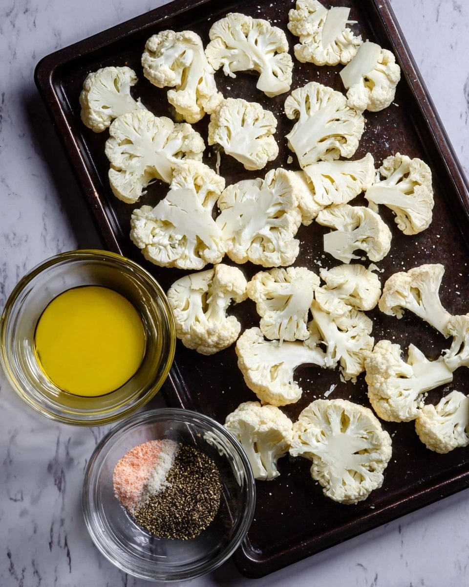 The image shows many white cauliflower slices spread out on a dark baking tray, arranged in a loose pattern covering the surface. Three small clear glass bowls sit near the bottom left corner of the tray; one contains light yellow melted butter, the second holds golden olive oil, and the third has a mix of black and pink spices. The background is a white marbled surface. Photo taken with an iphone --ar 4:5 --v 7