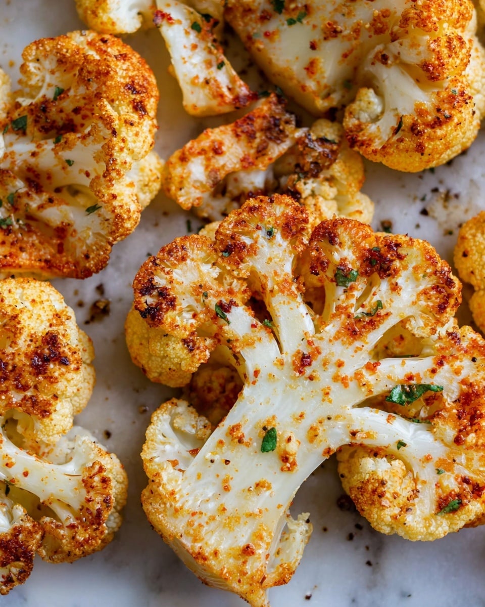 The image shows close-up pieces of roasted cauliflower arranged together. Each cauliflower piece has a white stem and cream-colored florets that are browned and slightly crispy at the edges with an orange seasoning dusting. The seasoning is unevenly spread, creating spots of deeper orange and some green herbs sprinkled within. The cauliflower sits on a white marbled surface that has small dark specks of spices scattered around. The texture of the cauliflower looks tender but roasted with some charred bits. photo taken with an iphone --ar 4:5 --v 7