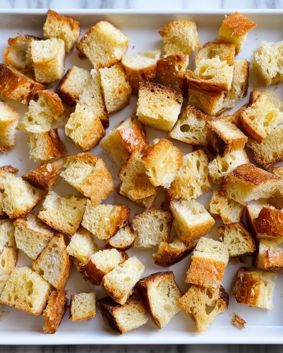 The image shows a white tray filled with many small pieces of toasted bread. Each piece varies in size and shape but is roughly cubed, with a mix of golden brown crusts and soft light yellow interiors. The toasted bread pieces have a slightly rough texture and appear crisp on the edges. The tray is placed on a white marbled surface. Photo taken with an iphone --ar 4:5 --v 7