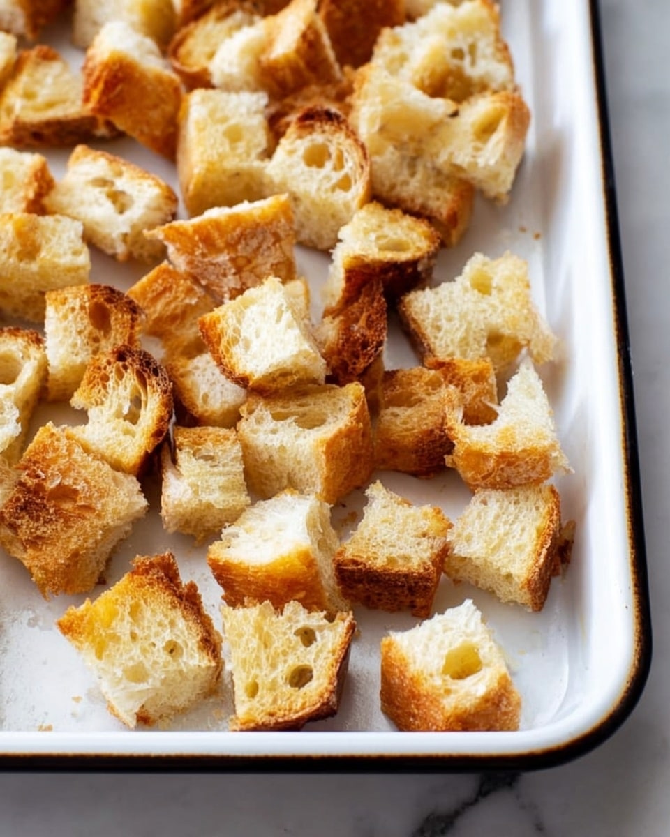 A close-up view of small golden-brown toasted bread cubes scattered across a white enamel baking tray with a dark rim, showing crisp, crunchy edges and soft holes inside the bread, set on a white marbled surface. photo taken with an iphone --ar 4:5 --v 7