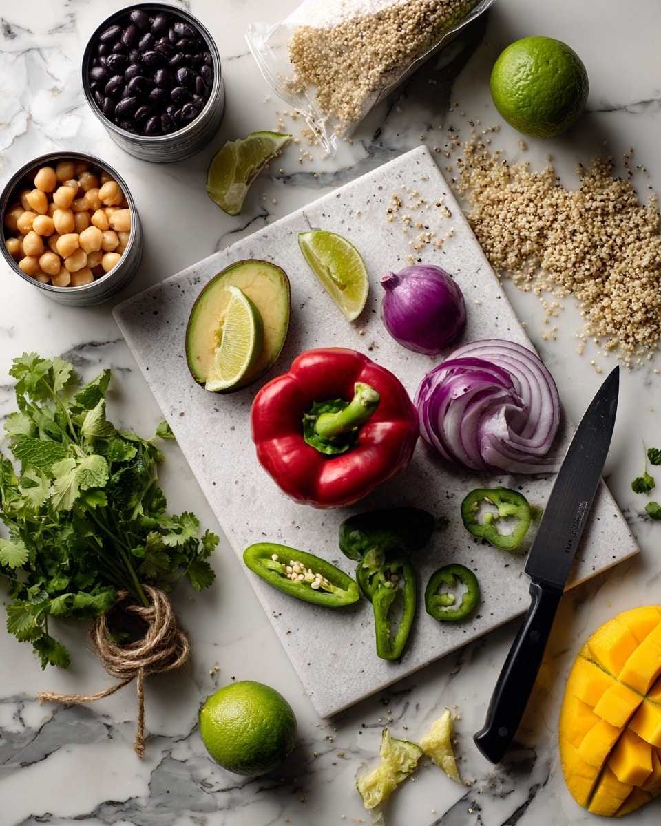 The image shows fresh ingredients on a white marbled surface, with a white cutting board in the middle. On the board, there is a whole red bell pepper in the center, a halved purple onion with some slices, a halved green jalapeño with visible seeds, and a halved lime next to a full lime. Around the cutting board, there are two open cans—one with black beans and the other with chickpeas. Half an avocado with the seed and another half without the seed sit nearby. Next to a leash of fresh green herbs, which look like cilantro and mint, there is a bag of organic quinoa with some quinoa grains spilled out on the surface. A mango is shown partially diced and split open, revealing its bright yellow flesh. A kitchen knife with a black handle rests on the cutting board. Photo taken with an iphone --ar 4:5 --v 7