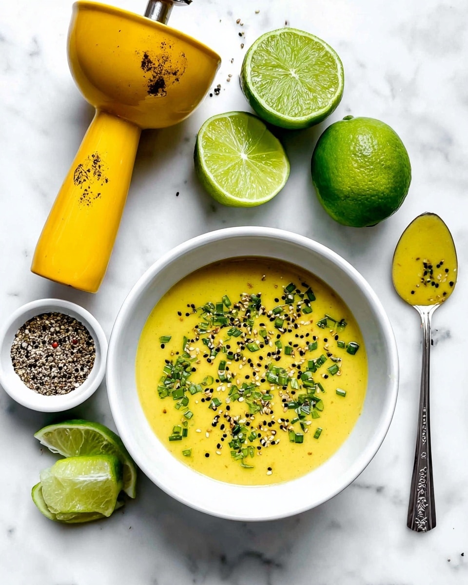 A white bowl filled with a smooth yellow sauce sits in the center on a white marbled surface. The sauce has scattered green herb pieces and sprinkled black and white spices on top, creating a textured, colorful layer. Surrounding the bowl are halved and whole green limes, showing bright green flesh. To the left is a yellow citrus squeezer with a worn spot, and at the bottom left is a small white bowl filled with pepper. On the right side, a silver spoon holds a small amount of the yellow sauce, resting on the surface. photo taken with an iphone --ar 4:5 --v 7