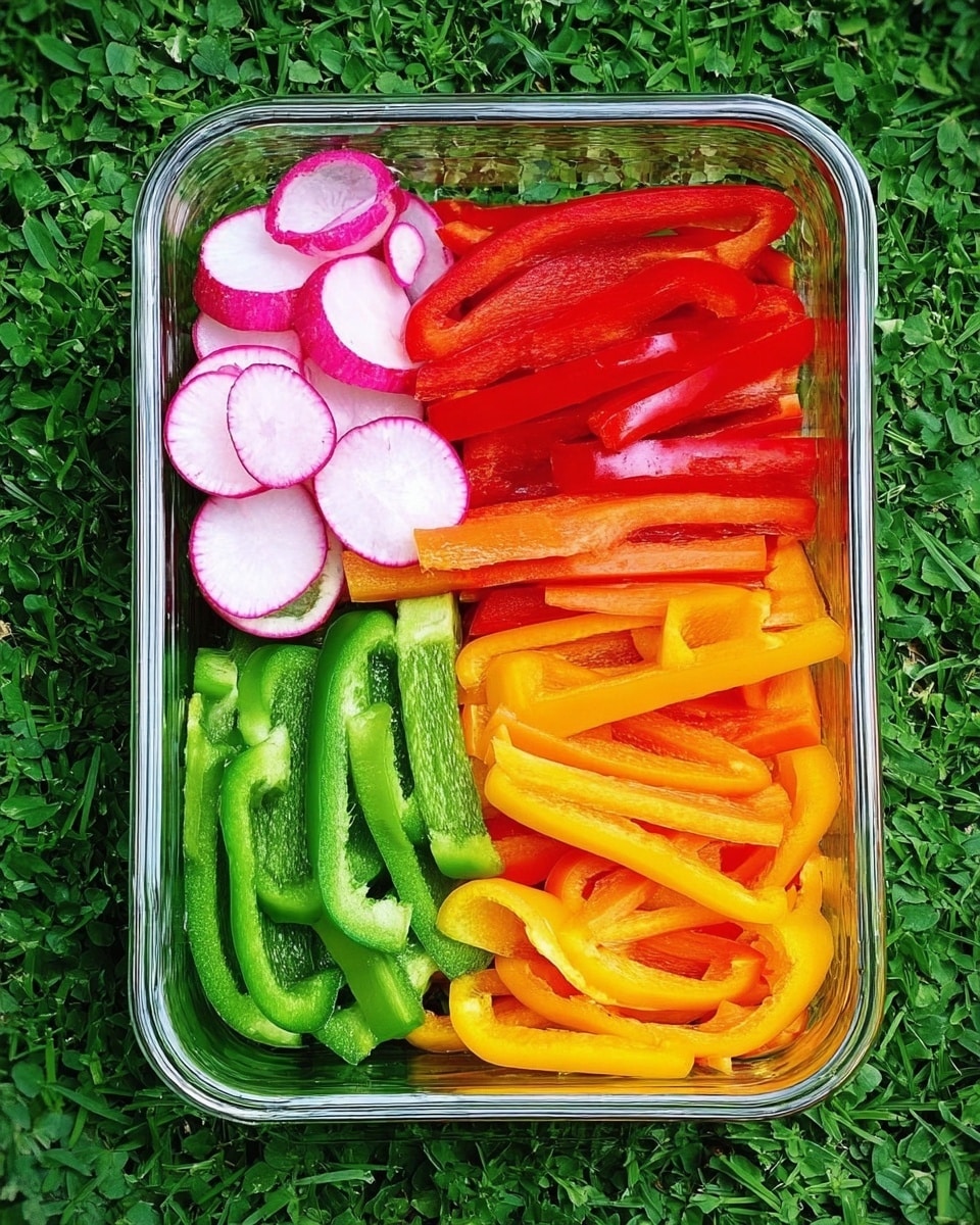 A clear rectangular glass container filled with four layers of fresh sliced vegetables arranged side by side: thin round radish slices in pale pink and white on the left, long bright red bell pepper strips next to it, then green bell pepper slices in the center, and orange bell pepper strips on the right; the vibrant colors contrast against a background of green grass. photo taken with an iphone --ar 4:5 --v 7