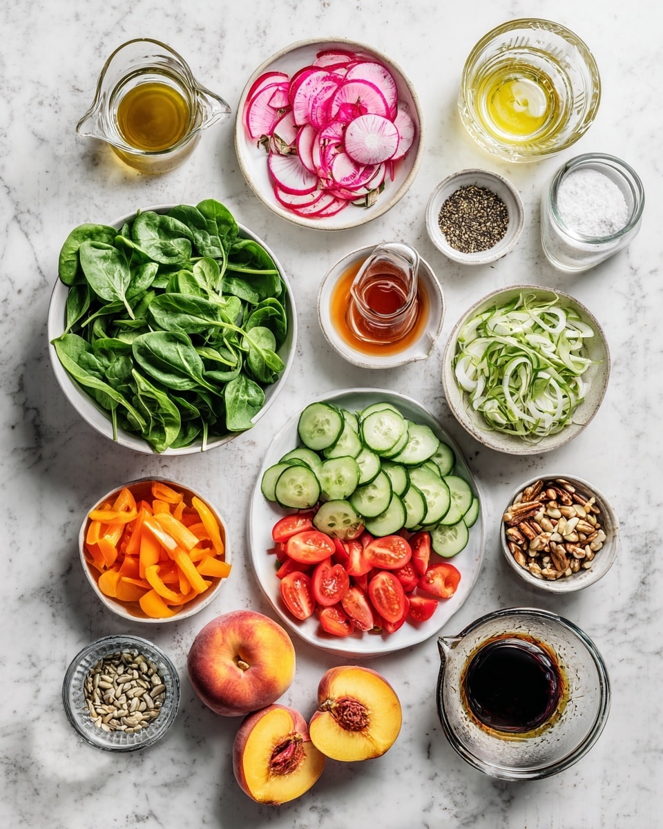 Top-down professional food photography flat lay style, bright white marble countertop, neatly arranged, evenly spaced, tidy, clean organized layout, include: bowl of baby spinach leaves, small bowl of thinly sliced radishes, small bowl of thin strips of spring onions (white and light green parts), small bowl of thinly sliced orange capsicum, small bowl of thinly sliced red capsicum, small bowl of thinly sliced cucumber, small bowl of quartered cherry tomatoes, small bowl of hulled and quartered strawberries, small plate with slices of fresh peach (skin removed), small plate with slices of fresh nectarine, small bowl of chopped pecans, small bowl of pumpkin seeds, small bowl of sunflower seeds, small bowl of hemp seeds, glass measuring cup of extra virgin olive oil, small glass cup of balsamic vinegar, small glass cup of lemon juice, small bowl of salt, small bowl of pepper, bright soft natural lighting, sharp focus, high detail textures, realistic reflections, professional DSLR look, 4K, no finished dish, no cooked food, no hands, no text, no watermark, no brand logos --ar 4:5 --v 7