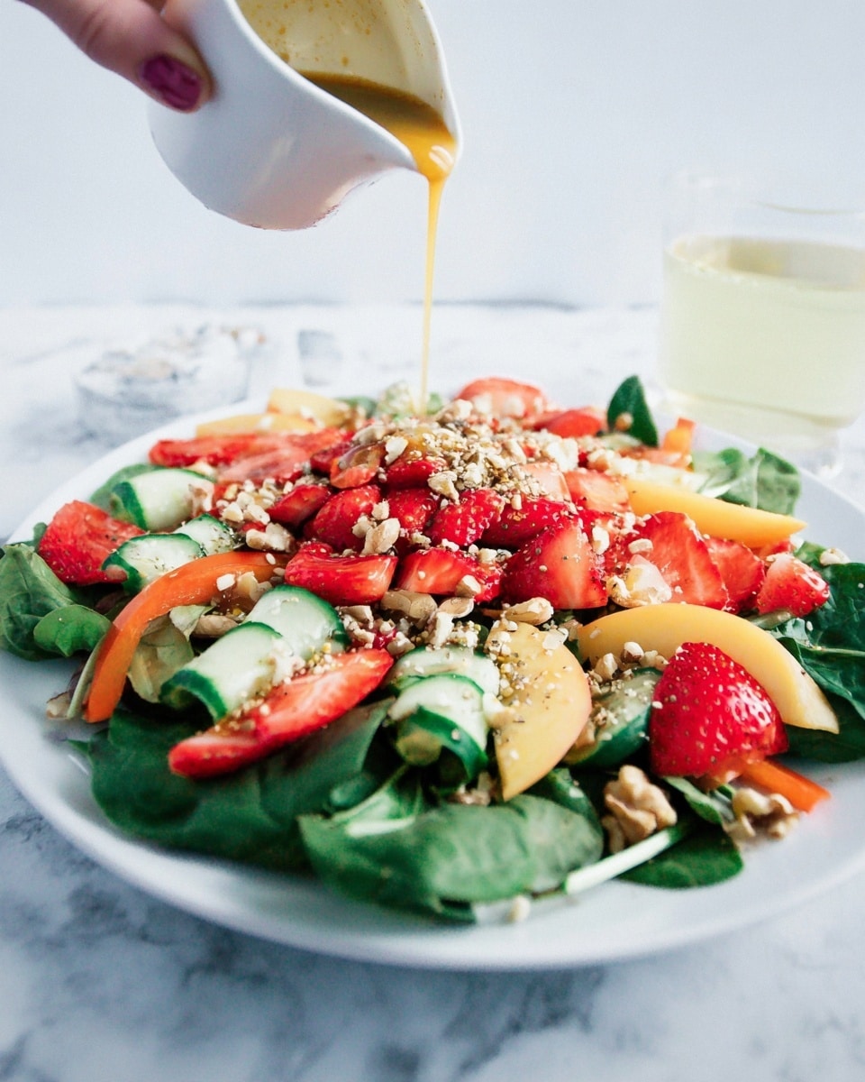 A fresh salad is served on a white plate on a white marbled surface. The bottom layer shows dark green spinach leaves spread wide. Above this are colorful slices of red and orange bell peppers and thin green cucumber ribbons scattered evenly. On top, thick slices of red strawberries and peach pieces are layered, creating a vibrant mix of reds and oranges. The salad is sprinkled with small chopped walnuts and tiny light seeds. A woman's hand pours golden-brown dressing from a small white jug over the salad, with a clear glass of light yellow drink in the background. photo taken with an iphone --ar 4:5 --v 7