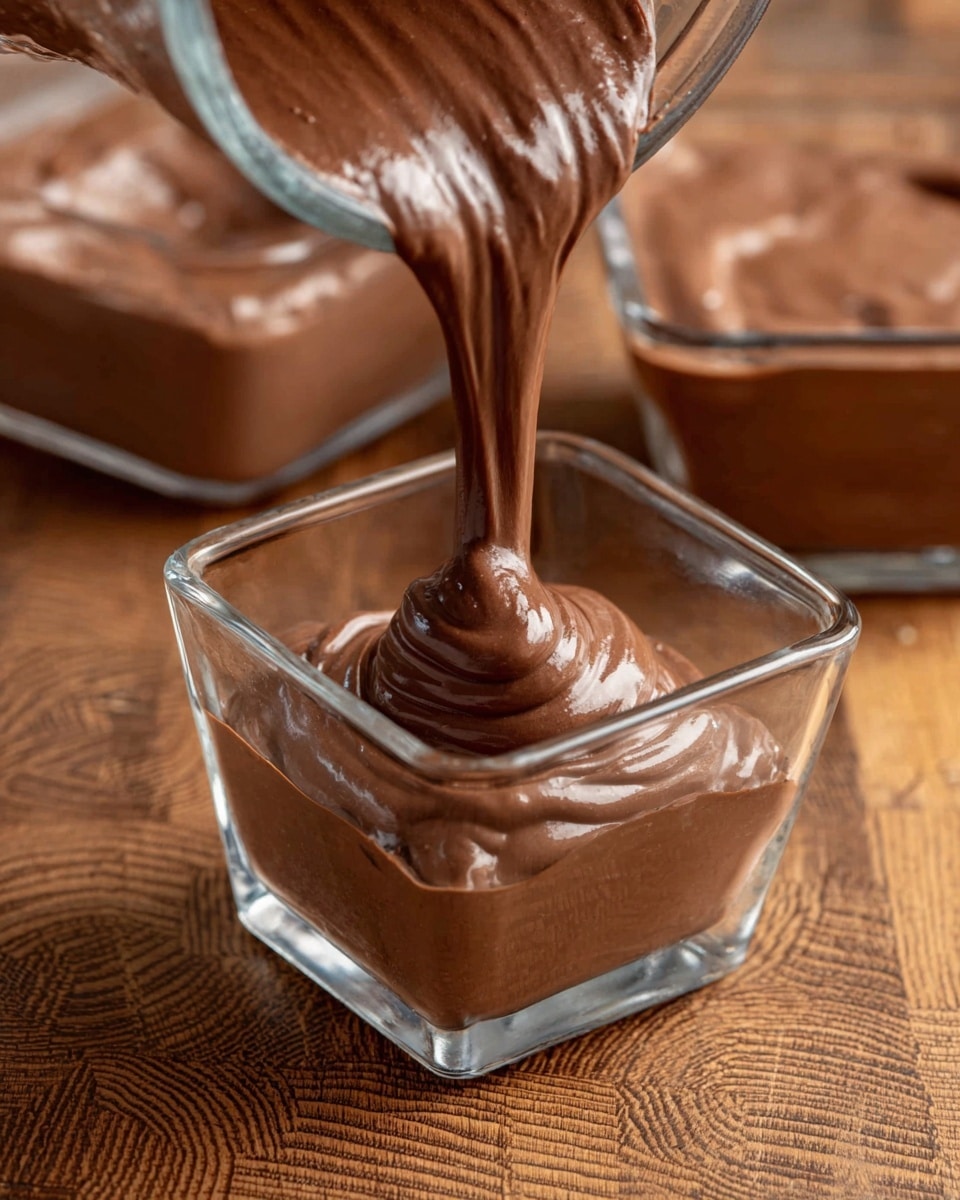 A thick, smooth layer of chocolate mousse with a rich brown color is being poured from a glass container into a small, clear square glass bowl. The mousse flows in a soft spiral shape as it fills the bowl. The bowl rests on a wooden surface with a patterned texture, hinting at the natural wood grain. The background includes parts of other similar glass containers holding the same chocolate mousse. The composition focuses closely on the pouring action and the mousse’s creamy texture. Photo taken with an iphone --ar 4:5 --v 7