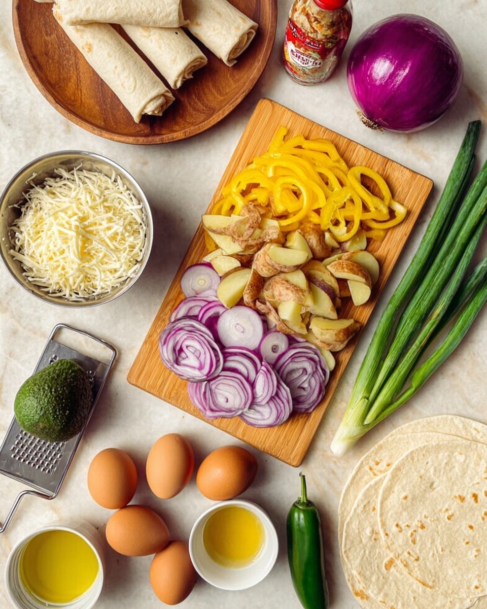 The image shows a variety of fresh ingredients neatly arranged on a white marbled surface. In the center, a wooden cutting board holds several layers of sliced vegetables including purple onion rings, yellow bell pepper strips, and light brown potato wedges arranged in groups. Above the board, there is a whole purple onion. To the right of the board, bright green onions lay parallel next to two large white tortillas. Below the board, a whole avocado and a green chili pepper are placed. To the left, there is a metal bowl filled with shredded white cheese with a grater underneath, four brown eggs in a white egg holder, a small bowl of light yellow oil, and another small bowl containing a darker liquid. At the top left corner, a wooden plate holds several rolled beige items, next to a bottle with red and yellow labels. A woman's hand is visible at the upper left side near the bottle. photo taken with an iphone --ar 4:5 --v 7