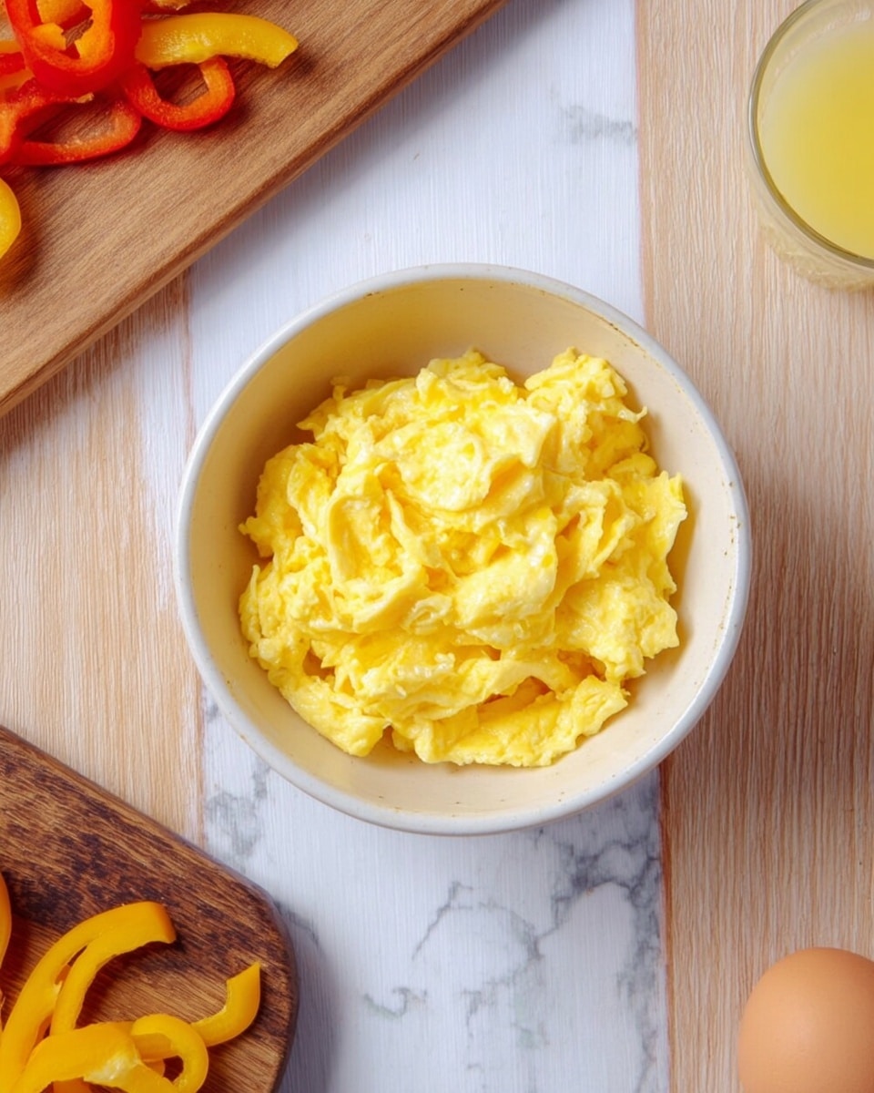 A white bowl filled with soft, yellow scrambled eggs sits in the center. The eggs look fluffy and light, with smooth, slightly bumpy texture. The bowl is on a white marbled surface, and around it are parts of wooden cutting boards, a yellow bell pepper sliced into strips, and a small clear cup with some yellow liquid. The scene is top-down, simple, and bright, with natural light highlighting the food. photo taken with an iphone --ar 4:5 --v 7