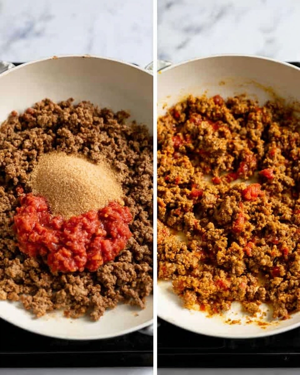 The image shows two side-by-side views of a white pan on a stove with cooked ground meat. The first view has the meat topped with a pile of brown sugar in the center and a scoop of red tomato salsa to the side, both resting on the browned meat that looks crumbly and slightly greasy. The second view shows the meat mixed well with the brown sugar and salsa, turning the whole mix into a uniformly textured, golden-brown and reddish ground meat with small visible pieces of tomato. The pan is sitting on a black stove, and the background is a white marbled texture. Photo taken with an iphone --ar 4:5 --v 7