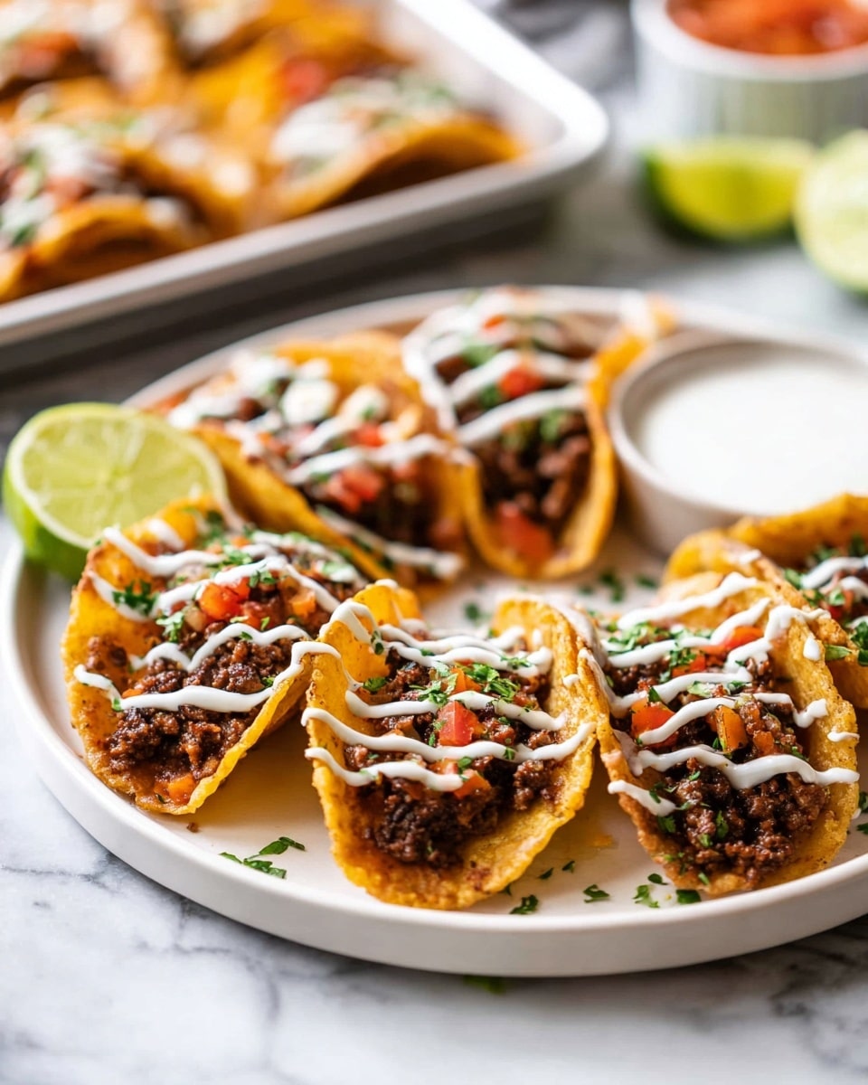 The dish shows six small tacos arranged in a circle on a white plate over a white marbled surface. Each taco has a golden, slightly crispy shell filled with dark brown ground meat mixed with small bits of red and orange bell pepper. The tacos are topped with thin white drizzle of sauce running diagonally across them, and small green chopped herbs sprinkled on top. A quarter lime wedge sits on the edge of the plate. In the blurred background, a silver tray holds more tacos, and a portion of a white bowl with a red sauce is visible. Photo taken with an iphone --ar 4:5 --v 7